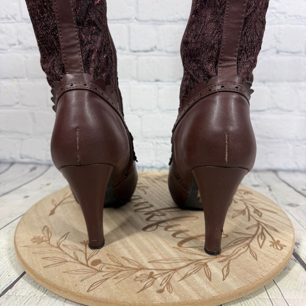 Ellie Victorian Steampunk Lace Up Knee High Boots Size 7 Brown Platform Goth - Picture 10 of 16